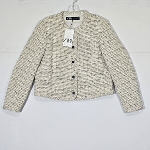 NWT Zara Cropped Quilted Puffer Jacket M Cream Black Y2K